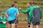 5 October 2011; Ireland flanker Sean O'Brien talks to fellow forwards Sean Cronin, Donncha O'Callaghan and Mike Ross during squad training ahead of their 2011 Rugby World Cup Quarter-Final against Wales on Saturday. Ireland Rugby Squad Training, Rugby League Park, Wellington, New Zealand. Picture credit: Brendan Moran / SPORTSFILE