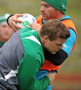 5 October 2011; Ireland captain Brian O'Driscoll tackles Fergus McFadden during squad training ahead of their 2011 Rugby World Cup Quarter-Final against Wales on Saturday. Ireland Rugby Squad Training, Rugby League Park, Wellington, New Zealand. Picture credit: Brendan Moran / SPORTSFILE