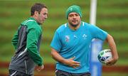 5 October 2011; Ireland hooker Rory Best passes to team-mate Paddy Wallace during squad training ahead of their 2011 Rugby World Cup Quarter-Final against Wales on Saturday. Ireland Rugby Squad Training, Rugby League Park, Wellington, New Zealand. Picture credit: Brendan Moran / SPORTSFILE