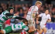 7 October 2011; Nevin Spence, Ulster, is tackled by Tobias Botes and Luca Morisi, left, Treviso. Celtic League, Ulster v Treviso, Ravenhill Park, Belfast, Co. Antrim. Picture credit: Pat Murphy / SPORTSFILE