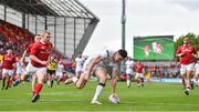 15 April 2017; Jacob Stockdale of Ulster scores a try which was disallowed during the Guinness PRO12 match between Munster and Ulster at Thomond Park in Limerick. Photo by Ramsey Cardy/Sportsfile