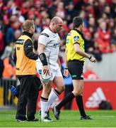 15 April 2017; Rory Best of Ulster is assisted off the pitch for a HIA during the Guinness PRO12 match between Munster and Ulster at Thomond Park in Limerick. Photo by Ramsey Cardy/Sportsfile