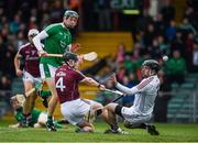 16 April 2017; William O’Donoghue of Limerick shoots past Aidan Harte and goalkeeper Colm Callanan of Galway to score a goal in the 20th minute during the Allianz Hurling League Division 1 Semi-Final match between Limerick and Galway at the Gaelic Grounds in Limerick. Photo by Ray McManus/Sportsfile
