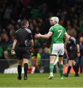 16 April 2017; Seamus Hickey of Limerick talking to referee Paul O'Dwyer at half time during the Allianz Hurling League Division 1 Semi-Final match between Limerick and Galway at the Gaelic Grounds in Limerick. Photo by Ray McManus/Sportsfile