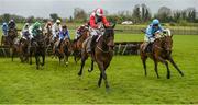 16 April 2017; Eventual winner Fridaynightlights, far right, with Andrew Ring up, races ahead of Beechmount Whisper, with Roger Loughran up, who finished second, in the Gleesons Butchers Novice Handicap Hurdle during the Fairyhouse Easter Festival at Fairyhouse Racecourse in Ratoath, Co Meath. Photo by Cody Glenn/Sportsfile