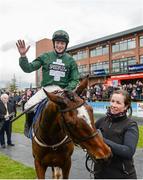 16 April 2017; David Mullins celebrates as he enters the winners' enclosure after winning the Irish Stallion Farms European Breeders Fund Mares Novice Hurdle Championship Final on Augusta Kate during the Fairyhouse Easter Festival at Fairyhouse Racecourse in Ratoath, Co Meath. Photo by Seb Daly/Sportsfile