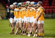 16 April 2017; The Antrim team standing for the national anthem before the Ulster GAA Hurling Senior Championship Final match between Antrim and Armagh at the Derry GAA Centre of Excellence in Owenbeg, Derry. Photo by Oliver McVeigh/Sportsfile