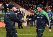16 April 2017; Galway manager Michéal Donoghue and Limerick manager John Kiely exchange a handshake after the Allianz Hurling League Division 1 Semi-Final match between Limerick and Galway at the Gaelic Grounds in Limerick. Photo by Diarmuid Greene/Sportsfile