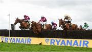 16 April 2017; Eventual winner Road To Respect, far left, with Bryan Cooper up, jump the fourth on their first time round alongside Yorkhill, far right, with Ruby Walsh up, who finished second, and Attribution, centre, with David Mullins up, during the Ryanair Gold Cup Novice Steeplechase during the Fairyhouse Easter Festival at Fairyhouse Racecourse in Ratoath, Co Meath. Photo by Cody Glenn/Sportsfile