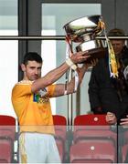 16 April 2017; Simon McCrory of Antrim holds aloft the Liam Harvey cup after the Ulster GAA Hurling Senior Championship Final match between Antrim and Armagh at the Derry GAA Centre of Excellence in Owenbeg, Derry. Photo by Oliver McVeigh/Sportsfile