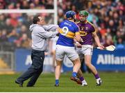 16 April 2017; Wexford manager Davy Fitzgerald with Jason Forde of Tipperary and Aidan Nolan of Wexford during the Allianz Hurling League Division 1 Semi-Final match between Wexford and Tipperary at Nowlan Park in Kilkenny. Photo by Stephen McCarthy/Sportsfile