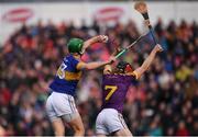 16 April 2017; Noel McGrath of Tipperary rises above Diarmuid O'Keeffe of Wexford before scoring his side's fourth goal during the Allianz Hurling League Division 1 Semi-Final match between Wexford and Tipperary at Nowlan Park in Kilkenny. Photo by Stephen McCarthy/Sportsfile