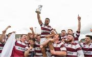 16 April 2017; Tullow RFC captain Keiaho Bloomfield lifts the Towns Cup as his team-mates celebrate after the Bank of Ireland Leinster Provincial Towns Cup Final match between Skerries RFC 2nd XV and Tullow RFC at the Showgrounds in Athy, Co Kildare. Photo by Matt Browne/Sportsfile