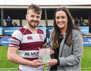 16 April 2017; Dylan Leybourne of Tullow RFC is presented with the man of the match trophy by Gemma Bell from Bank of Ireland after the Bank of Ireland Leinster Provincial Towns Cup Final match between Skerries RFC 2nd XV and Tullow RFC at the Showgrounds in Athy, Co Kildare. Photo by Matt Browne/Sportsfile