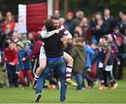 16 April 2017; Shane Rohan of Tullow RFC celebrate after the final whistle with a supporter at the Bank of Ireland Leinster Provincial Towns Cup Final match between Skerries RFC 2nd XV and Tullow RFC at the Showgrounds in Athy, Co Kildare. Photo by Matt Browne/Sportsfile