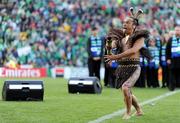25 September 2011; A Maori Warrior performs before welcoming the teams onto the pitch before the game. 2011 Rugby World Cup, Pool C, Ireland v Russia, Rotorua International Stadium, Rotorua, New Zealand. Picture credit: Brendan Moran / SPORTSFILE