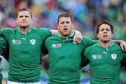 25 September 2011; Ireland players Jamie Heaslip, Sean O'Brien and Isaac Boss stand for the national anthems before the game. 2011 Rugby World Cup, Pool C, Ireland v Russia, Rotorua International Stadium, Rotorua, New Zealand. Picture credit: Brendan Moran / SPORTSFILE