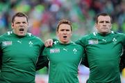25 September 2011; Ireland players Mike Ross, left, Eoin Reddan, centre, and Shane Jennings stand for the national anthems before the game. 2011 Rugby World Cup, Pool C, Ireland v Russia, Rotorua International Stadium, Rotorua, New Zealand. Picture credit: Brendan Moran / SPORTSFILE
