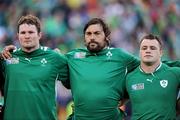 25 September 2011; Ireland players Donnacha Ryan, Tony Buckley and Cian Healy stand for the national anthems before the game. 2011 Rugby World Cup, Pool C, Ireland v Russia, Rotorua International Stadium, Rotorua, New Zealand. Picture credit: Brendan Moran / SPORTSFILE