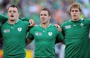 25 September 2011; Ireland players Cian Healy, Paddy Wallace and Andrew Trimble stand for the national anthems before the game. 2011 Rugby World Cup, Pool C, Ireland v Russia, Rotorua International Stadium, Rotorua, New Zealand. Picture credit: Brendan Moran / SPORTSFILE