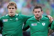25 September 2011; Ireland players Andrew Trimble, left, and Fergus McFadden stand for the national anthems before the game. 2011 Rugby World Cup, Pool C, Ireland v Russia, Rotorua International Stadium, Rotorua, New Zealand. Picture credit: Brendan Moran / SPORTSFILE