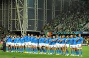 2 October 2011; The Italian team stand for their national anthem before the game. 2011 Rugby World Cup, Pool C, Ireland v Italy, Otago Stadium, Dunedin, New Zealand. Picture credit: Brendan Moran / SPORTSFILE