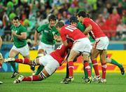 8 October 2011; Sean O'Brien, Ireland, is tackled by 3 Welsh players Toby Faletau, 8, Rhys Priestland, 10, and Mike Phillips. Ireland v Wales, 2011 Rugby World Cup, Quarter-Final, Wellington Regional Stadium, Wellington, New Zealand. Picture credit: Brendan Moran / SPORTSFILE