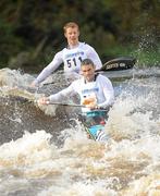 8 October 2011; Peter Egan, front, Salmon Leap Club, and partner Neil Flenming, Celbridge, steer their way through the Straffan Weir, in their Senior Racing Kayak Doubles K2 during the 2011 Liffey Descent, Kildare - Dublin. Picture credit: Barry Cregg / SPORTSFILE