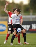 8 October 2011; Mark Quigley, Dundalk, in action against Ruaidhri Higgins, Derry City. Airtricity League Premier Division, Dundalk v Derry City, Oriel Park, Dundalk, Co. Louth. Picture credit: Oliver McVeigh / SPORTSFILE