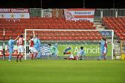8 October 2011; Sligo Rovers goalkeeper Brendan Clarke  watches the ball hit the net after a free from Stephen Bradley, out of picture, St Patrick's Athletic. Airtricity League Premier Division, St Patrick's Athletic v Sligo Rovers, Richmond Park, Dublin. Picture credit: David Maher / SPORTSFILE