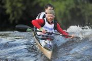 8 October 2011; Jim Morrissey and Tim Morrissey, Kayakmor and Dollymount Sea Scouts, Co. Dublin, in action in their Senior Racing Kayak Doubles K2 on the Lucan weir, Co. Dublin, during the 2011 Liffey Descent, Kildare - Dublin. Picture credit: Barry Cregg / SPORTSFILE