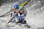 8 October 2011; James Allen and George Barnicoat, Longridge Canoe Club, England, in action in their Senior Racing Kayak Doubles K2 on the Lucan weir, Co. Dublin, during the 2011 Liffey Descent, Kildare - Dublin. Picture credit: Barry Cregg / SPORTSFILE