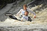8 October 2011; Edward Cox and Edward Rutherford, BCU Canoe Club, England, in action in the Senior Racing Kayak Doubles K2 on the Lucan weir, Co. Dublin, during the 2011 Liffey Descent, Kildare - Dublin. Picture credit: Barry Cregg / SPORTSFILE