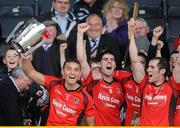 9 October 2011; Oulart-the Ballagh captain Keith Rossiter lifts the cup. Pettitts Wexford Senior Hurling Championship Final 2011, Oulart-the Ballagh v Rathnure, Wexford Park, Wexford. Picture credit: Matt Browne / SPORTSFILE