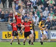 9 October 2011; Oulart-the Ballagh players Frank Cullen, centre, Declan Foley, left, and Michael Jacob, right, celebrate after the final whistle. Pettitts Wexford Senior Hurling Championship Final 2011, Oulart-the Ballagh v Rathnure, Wexford Park, Wexford. Picture credit: Matt Browne / SPORTSFILE