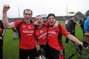 9 October 2011; Oulart-the Ballagh players, from left, Frank Cullen, Des Mythen and Laurence Prendergast celebrate after the final whistle. Pettitts Wexford Senior Hurling Championship Final 2011, Oulart-the Ballagh v Rathnure, Wexford Park, Wexford. Picture credit: Matt Browne / SPORTSFILE