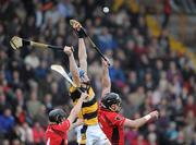 9 October 2011; Jack Guiney, Rathnure, in action against Barry Kehoe and Darren Stamp, Oulart-the Ballagh. Pettitts Wexford Senior Hurling Championship Final 2011, Oulart-the Ballagh v Rathnure, Wexford Park, Wexford. Picture credit: Matt Browne / SPORTSFILE