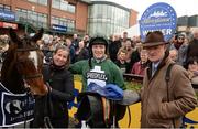 16 April 2017; Jockey David Mullins, second left, with trainer Willie Mullins, right, with Augusta Kate after winning the Irish Stallion Farms European Breeders Fund Mares Novice Hurdle Championship Final during the Fairyhouse Easter Festival at Fairyhouse Racecourse in Ratoath, Co Meath. Photo by Seb Daly/Sportsfile