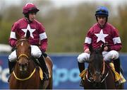 16 April 2017; Jockeys Bryan Cooper, left, on Road To Respect, and Davy Russell, right on Ball D'Arc, following the Ryanair Gold Cup Novice Steeplechase with  during the Fairyhouse Easter Festival at Fairyhouse Racecourse in Ratoath, Co Meath. Photo by Seb Daly/Sportsfile