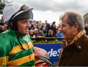 17 April 2017; Jockey Barry Geraghty, left, and owner John P McManus, right, after winning the Avoca Dunboyne Juvenile Hurdle with Project Bluebook during the Fairyhouse Easter Festival at Fairyhouse Racecourse in Ratoath, Co Meath. Photo by Seb Daly/Sportsfile