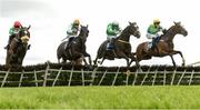 17 April 2017; Shower Silver, third from left, with Sean Flanagan up, jump the last on their way to winning the Fairyhouse Steel Handicap Hurdle alongside, from left, Thebarrowman, with Roger Loughran up, who finished fifth, Black Zero, with Mark Enright up, who finished second, and Lasoscar, with Rachael Blackmore up, who finished third, during the Fairyhouse Easter Festival at Fairyhouse Racecourse in Ratoath, Co Meath. Photo by Cody Glenn/Sportsfile
