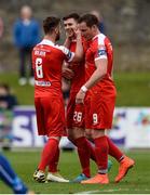 17 April 2017; Garry Buckley of Cork City, right, celebrates with team-mates Greg Bolger, left, and Achille Campion after scoring his side's first goal during the EA Sports Cup second round match between Limerick FC and Cork City at The Markets Field in Limerick. Photo by Diarmuid Greene/Sportsfile