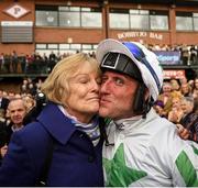 17 April 2017; Trainer Jessica Harrington kisses jockey Robbie Power after winning the Boylesports Irish Grand National Steeplechase with Our Duke during the Fairyhouse Easter Festival at Fairyhouse Racecourse in Ratoath, Co Meath. Photo by Cody Glenn/Sportsfile