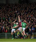 16 April 2017; Seamus Hickey, left, and his Limerick team mate David Dempsey vie with Joseph Cooney of Galway for possession during the Allianz Hurling League Division 1 Semi-Final match between Limerick and Galway at the Gaelic Grounds in Limerick. Photo by Ray McManus/Sportsfile