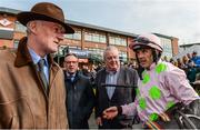 18 April 2017; Jockey Ruby Walsh in conversation with trainer Willie Mullins after winning the Glascarn Handicap Hurdle on Thomas Hobson during the Fairyhouse Easter Festival at Fairyhouse Racecourse in Ratoath, Co Meath. Photo by Cody Glenn/Sportsfile
