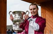 18 April 2017; Áine O'Connor celebrates with the trophy after winning the Today FM Ladies National Handicap Steeplechase on Coldstonesober during the Fairyhouse Easter Festival at Fairyhouse Racecourse in Ratoath, Co Meath. Photo by Cody Glenn/Sportsfile