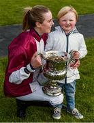 18 April 2017; Áine O'Connor celebrates with her nephew Oisín O'Connor, age 3, and the trophy after winning the Today FM Ladies National Handicap Steeplechase on Coldstonesober during the Fairyhouse Easter Festival at Fairyhouse Racecourse in Ratoath, Co Meath. Photo by Cody Glenn/Sportsfile