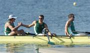 19 August 2004; Ireland's Lightweight Coxless Fours, Eugene Coakley, left, and Niall O'Toole celebrate alongside Paul Griffin after they finished third in their semi-final and qualified for the final. Schinias Olympic Rowing Centre. Games of the XXVIII Olympiad, Athens Summer Olympics Games 2004, Athens, Greece. Picture credit; Brendan Moran / SPORTSFILE