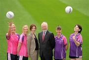 10 October 2011; Mental Health Ireland CEO, Brian Howard with Paula Prunty, National Games Development Officer, Cumann Peil Gael na mBan, and Gaelic4Mothers players, from left, Judith Rogan, Siobhan McCarthy, both from Naomh Mearnog, Sinead Hamill and Geraldine Burke, Kilmacud Crokes, at the launch of Ladies Gaelic Football Association and Mental Health Ireland’s partnership which aims to increase the awareness of mental health issues in Ireland through their Gaelic4Mothers and Building Resilience Together initiatives. Croke Park, Dublin. Picture credit: Pat Murphy / SPORTSFILE