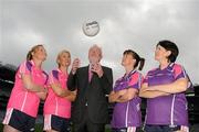 10 October 2011; Mental Health Ireland CEO, Brian Howard with Gaelic4Mothers players, from left, Siobhan McCarthy and Judith Rogan, both from Naomh Mearnog, Sinead Hamill and Geraldine Burke, both from Kilmacud Crokes, at the launch of Ladies Gaelic Football Association and Mental Health Ireland’s partnership which aims to increase the awareness of mental health issues in Ireland through their Gaelic4Mothers and Building Resilience Together initiatives. Croke Park, Dublin. Picture credit: Pat Murphy / SPORTSFILE